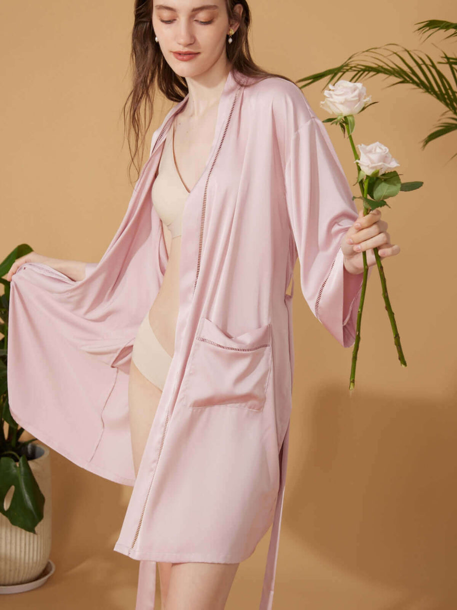 Ulivary Elegant Hollow Out Detail Short Robe With Pockets