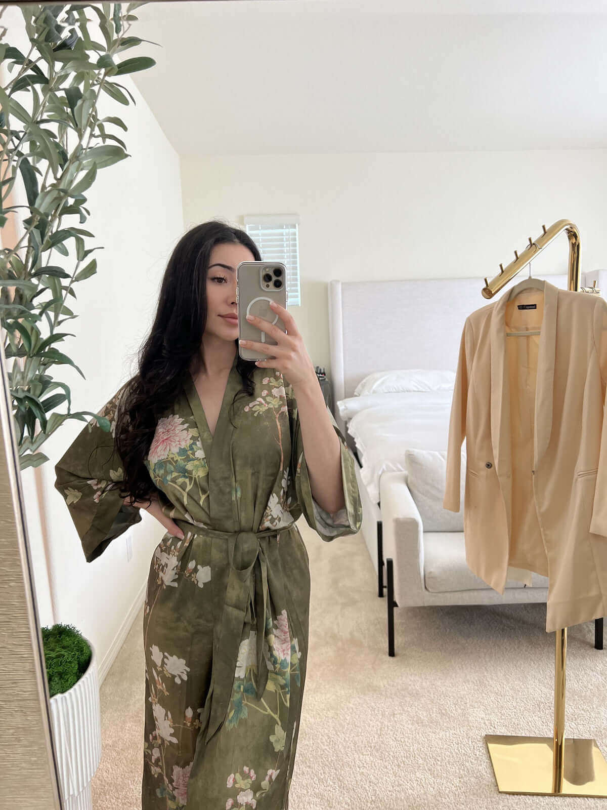 Ulivary Floral Olive Kimono Robe