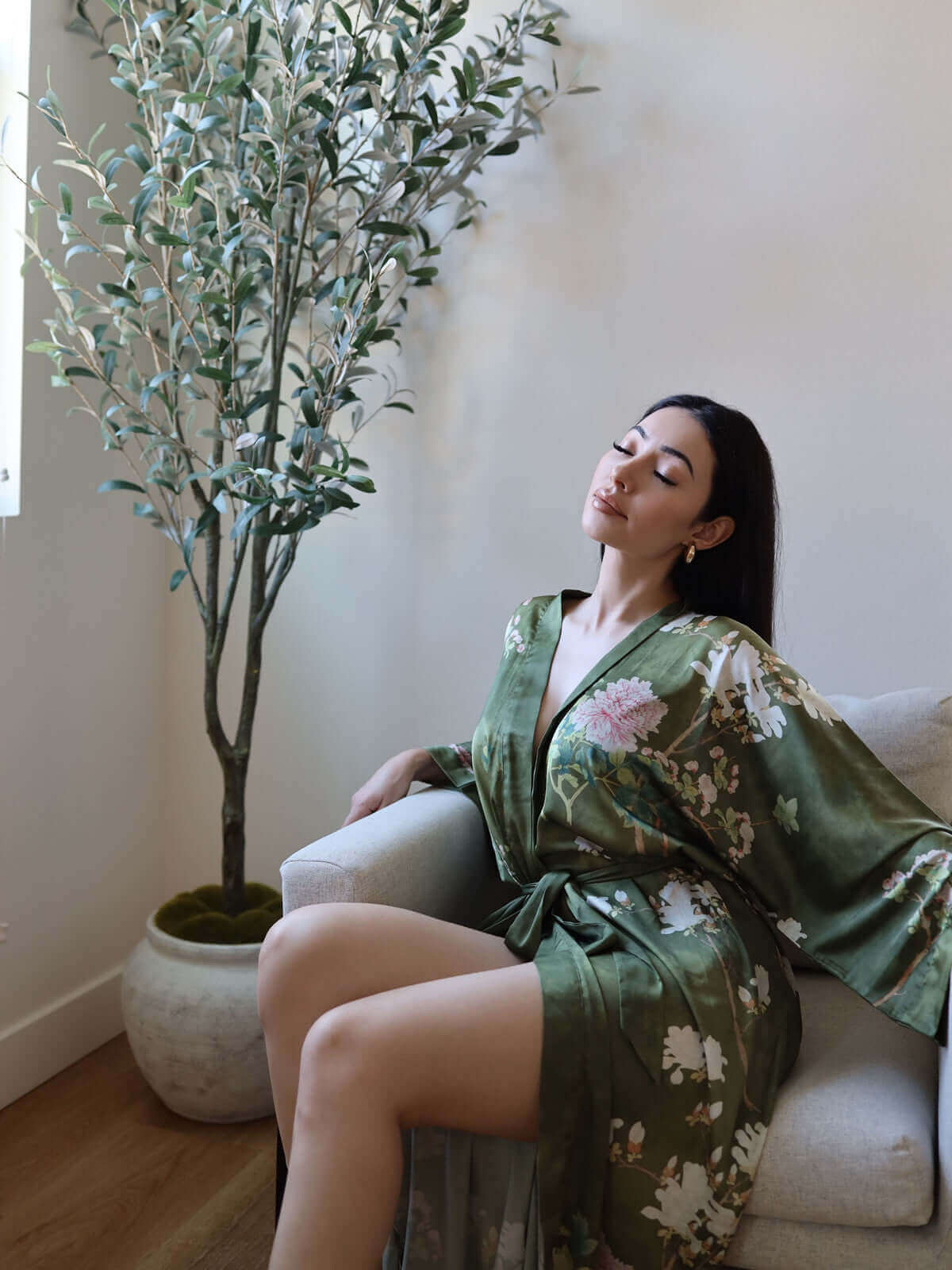 Ulivary Floral Olive Kimono Robe