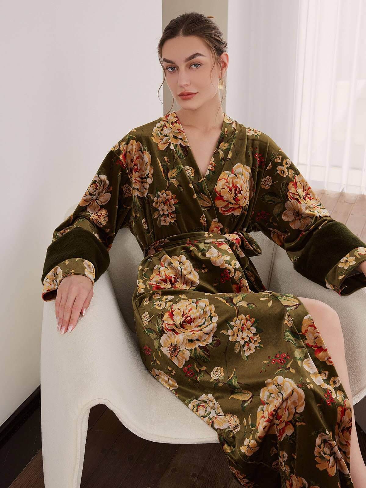 Ulivary Velvet Floral Kimono Robe