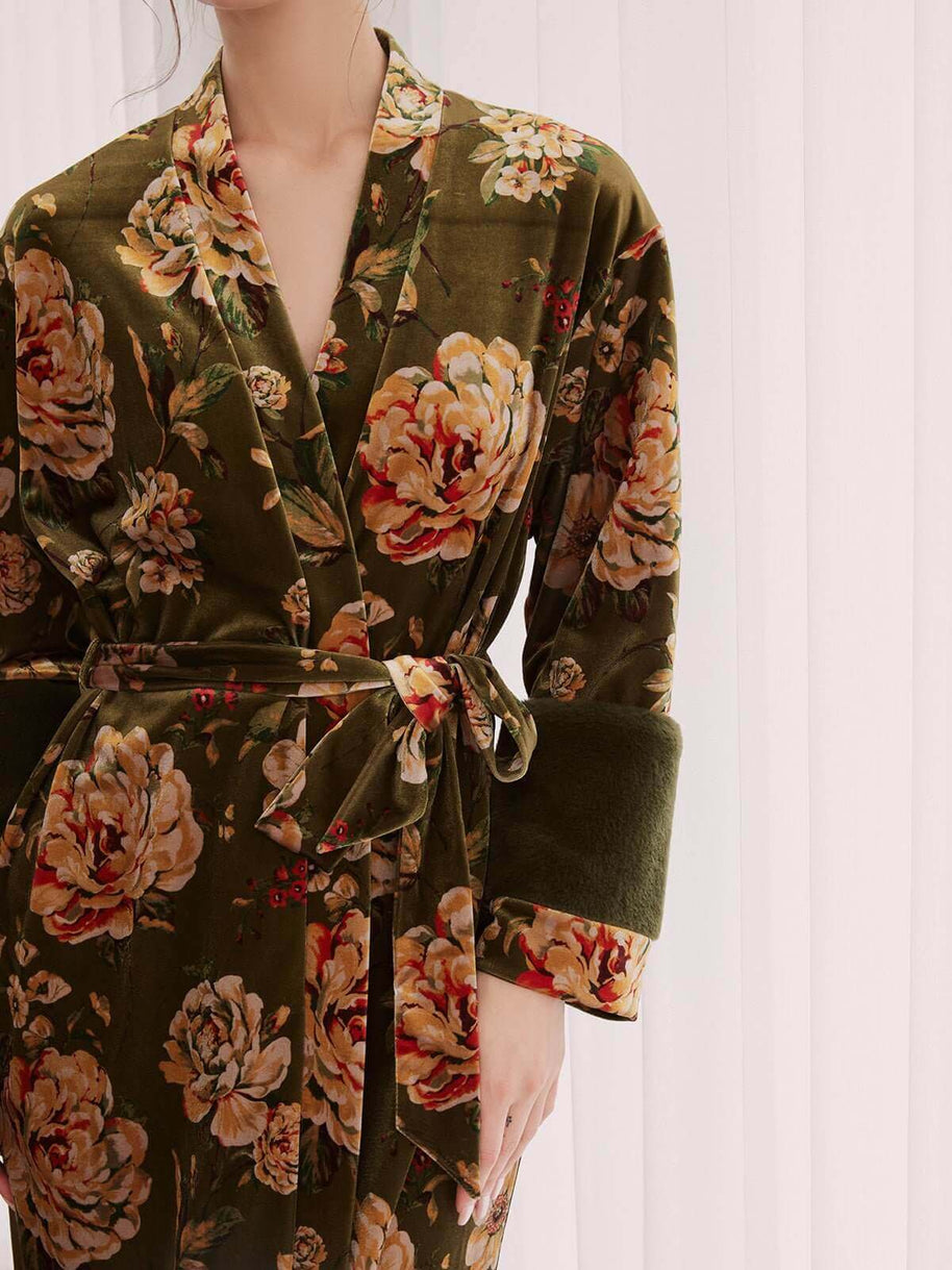 Ulivary Velvet Floral Kimono Robe