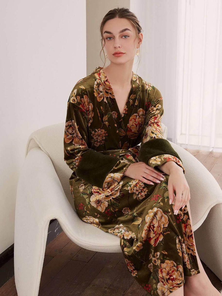 Ulivary Velvet Floral Kimono Robe