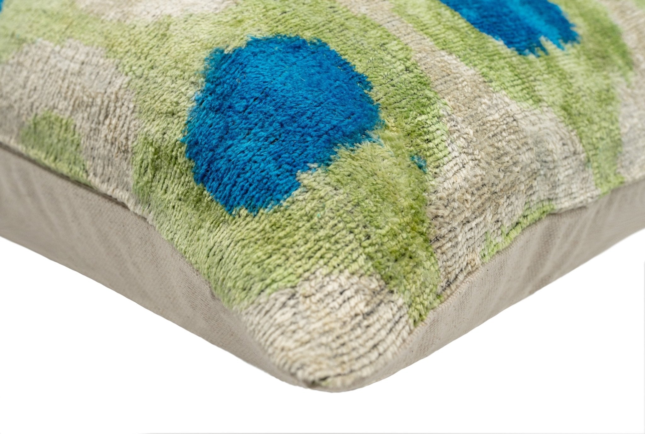 Vibrant 16x16 Handmade Ikat Silk Velvet Pillow With Premium Down Feather Insert By Canvello – Lively Green And Blue Hues