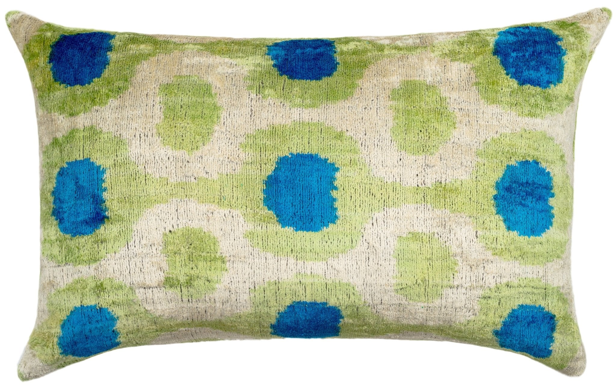 Vibrant 16x24 Handmade Ikat Silk Velvet Pillow With Premium Down Feather Insert By Canvello – Lively Green And Blue Hues
