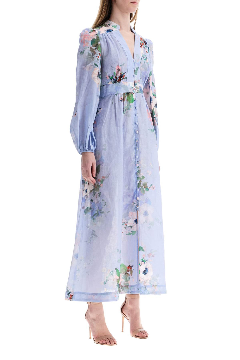 Zimmermann Light Blue Watercolor Floral Midi Dress With Deep V Neckline