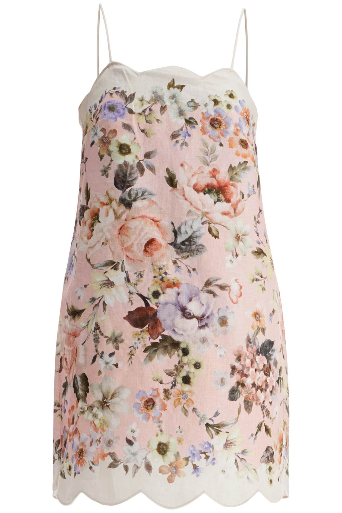 Zimmermann Mini Floral Linen Dress In Pink With Scallop Neckline And Sleeveless