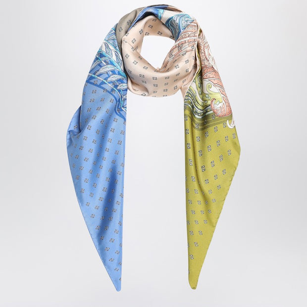 Ferragamo Green/blue Silk Scarf With Madras Print