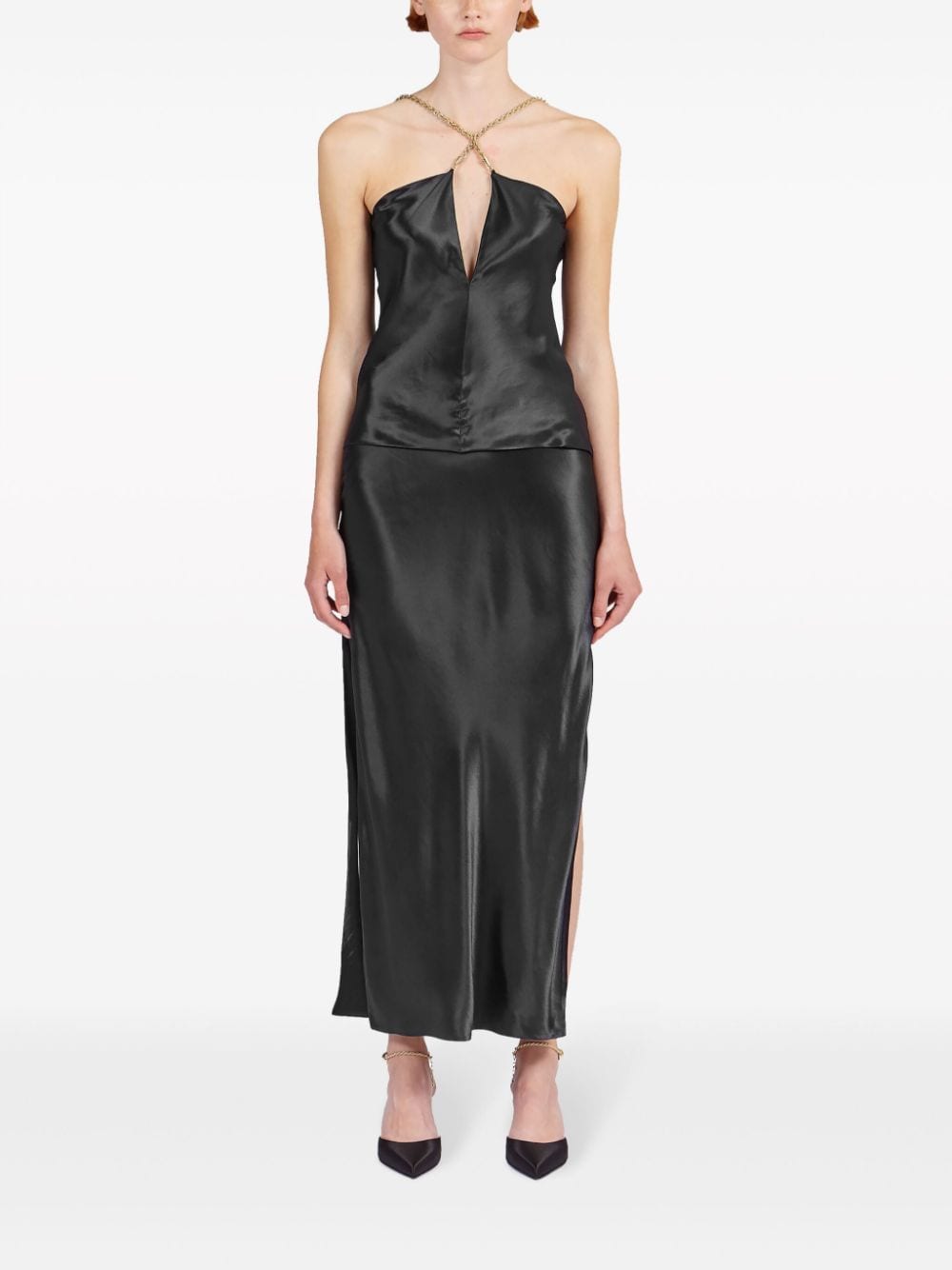 Ferragamo Satin Chain Strap Cami Top In Black