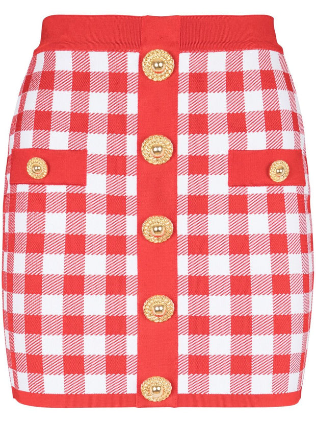 Balmain Gingham Mini Skirt In Red