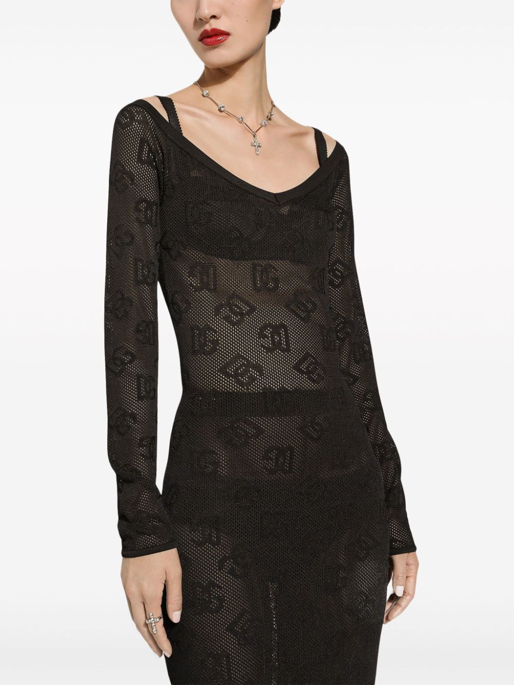 Dolce & Gabbana Black Mesh-stitch Sheath Dress With Jacquard DG Logo