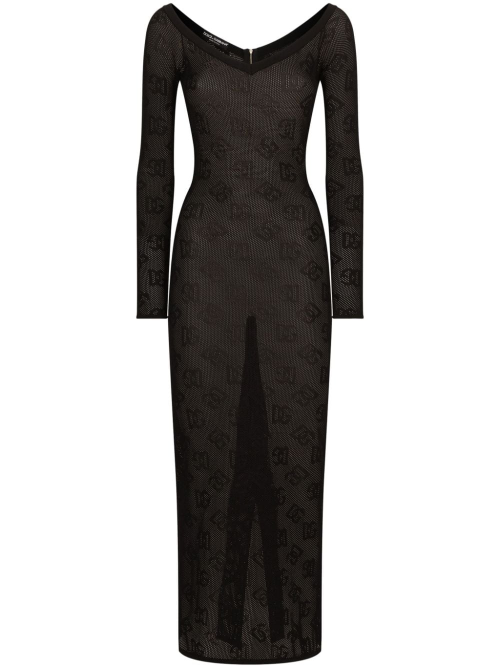 Dolce & Gabbana Black Mesh-stitch Sheath Dress With Jacquard DG Logo