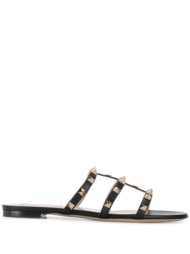 Valentino Garavani Rockstud Leather Flat Sandals - Black