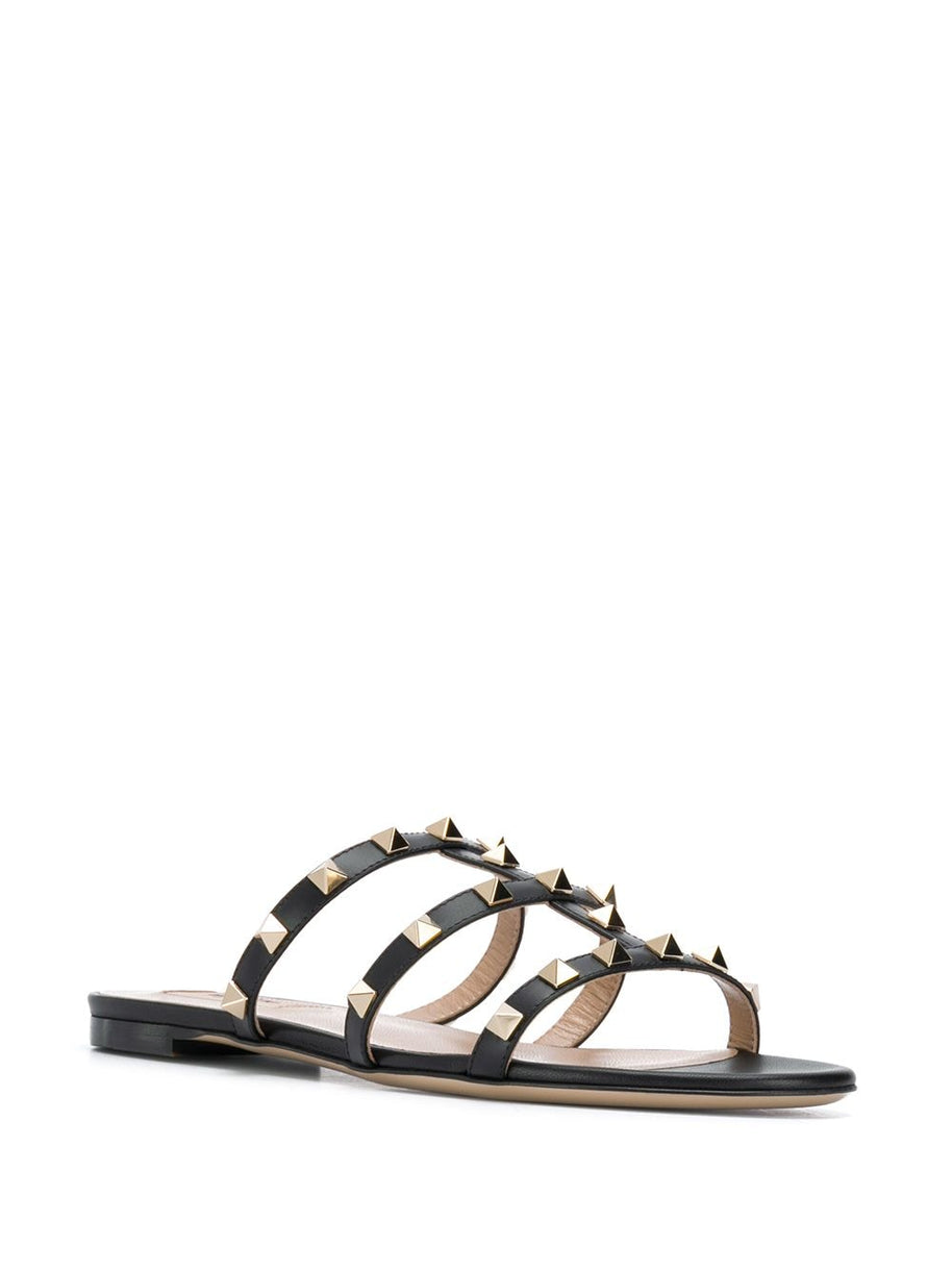 Valentino Garavani Rockstud Leather Flat Sandals - Black