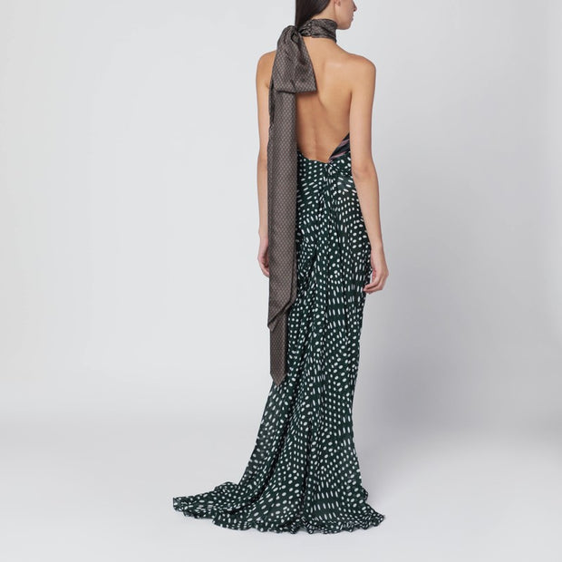 Dries Van Noten Bottle Green Long Dress In Silk Blend