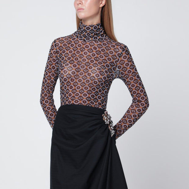 Dries Van Noten Semi-transparent Brown Print Turtleneck Jumper