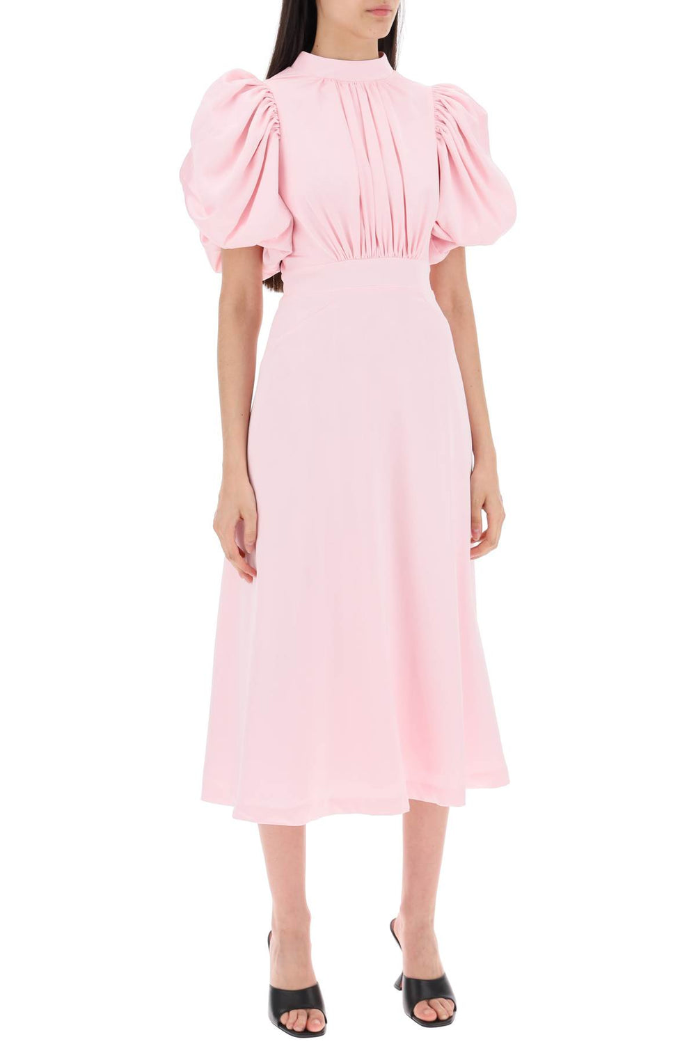 Rotate Midi Satin Dress With Balloon Sleeves