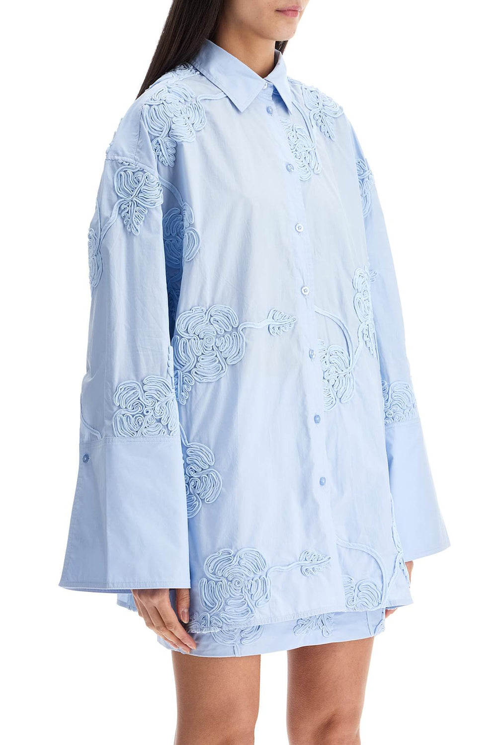 Rotate Light Blue Cotton Shirt With Embossed Floral Pattern