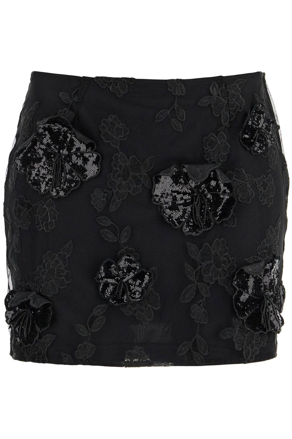 Rotate Mini Skirt In Recycled Black Polyester Mesh With Floral Pattern