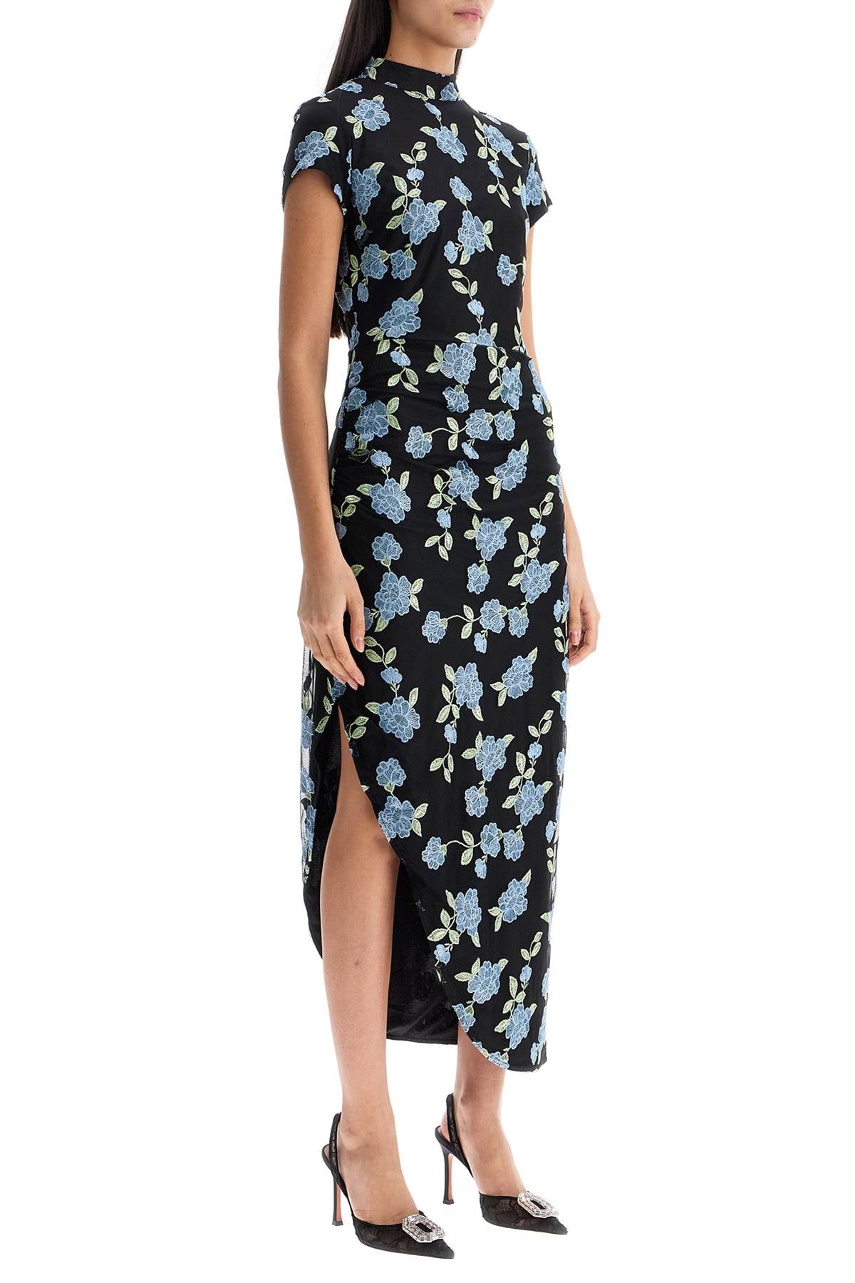 Rotate Asymmetrical Black Floral Mesh Midi Dress