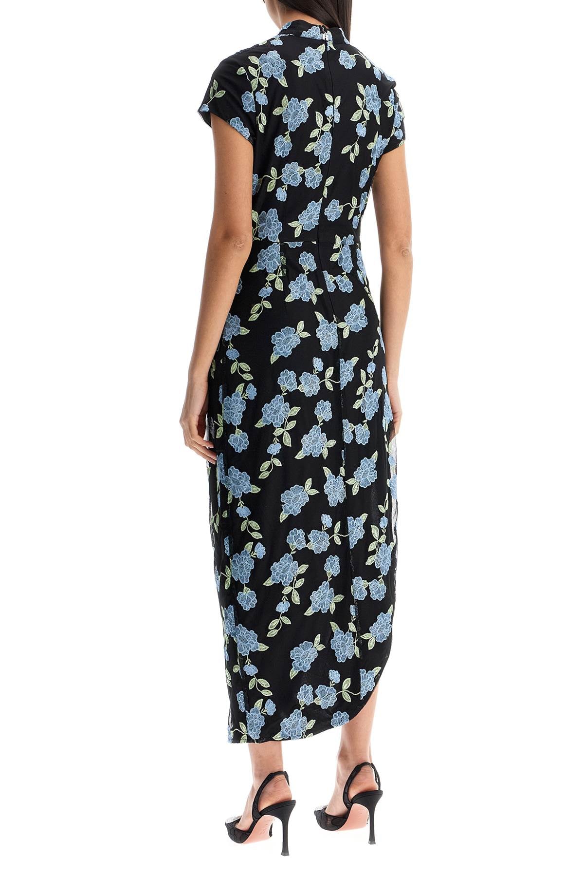 Rotate Asymmetrical Black Floral Mesh Midi Dress