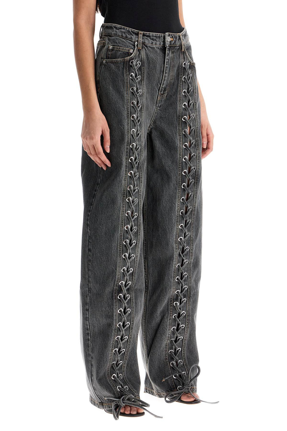 Rotate Black Organic Cotton Wide Leg Pants With Lace Details