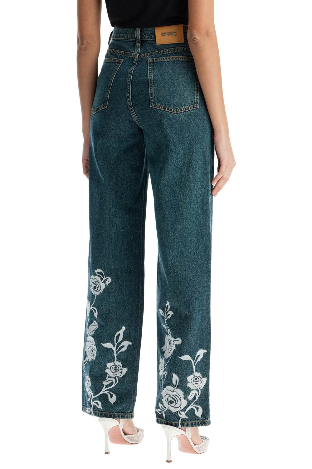 Rotate Jeans In Denim Steel Blue With Floral Details