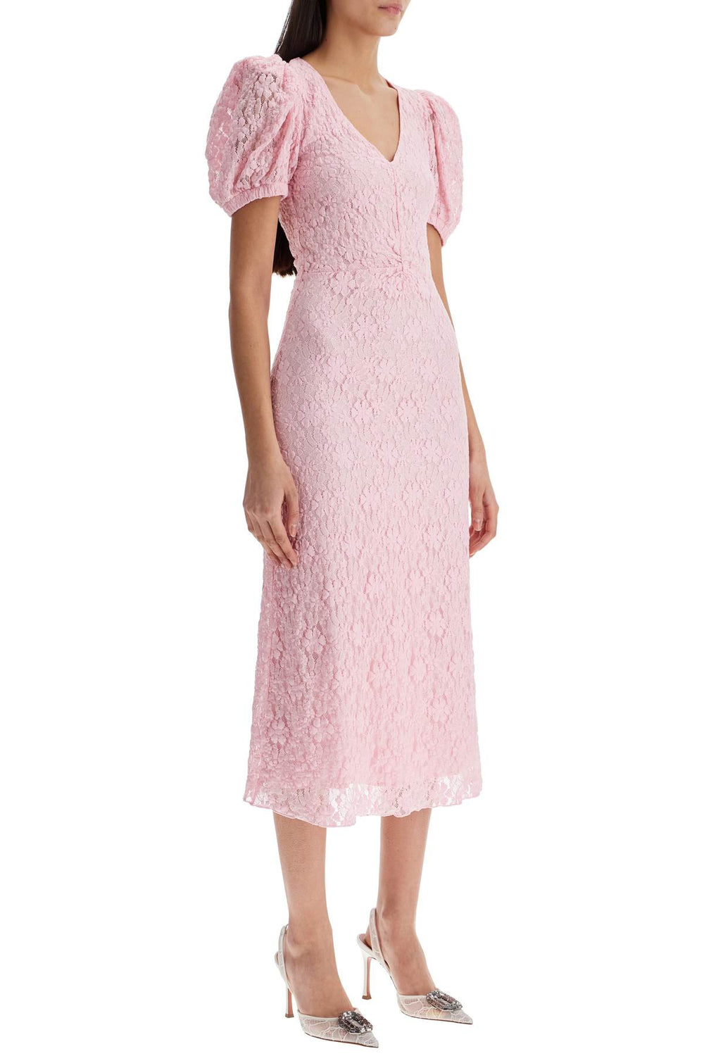 Rotate Pink Lace Midi Dress With Puff Sleeves