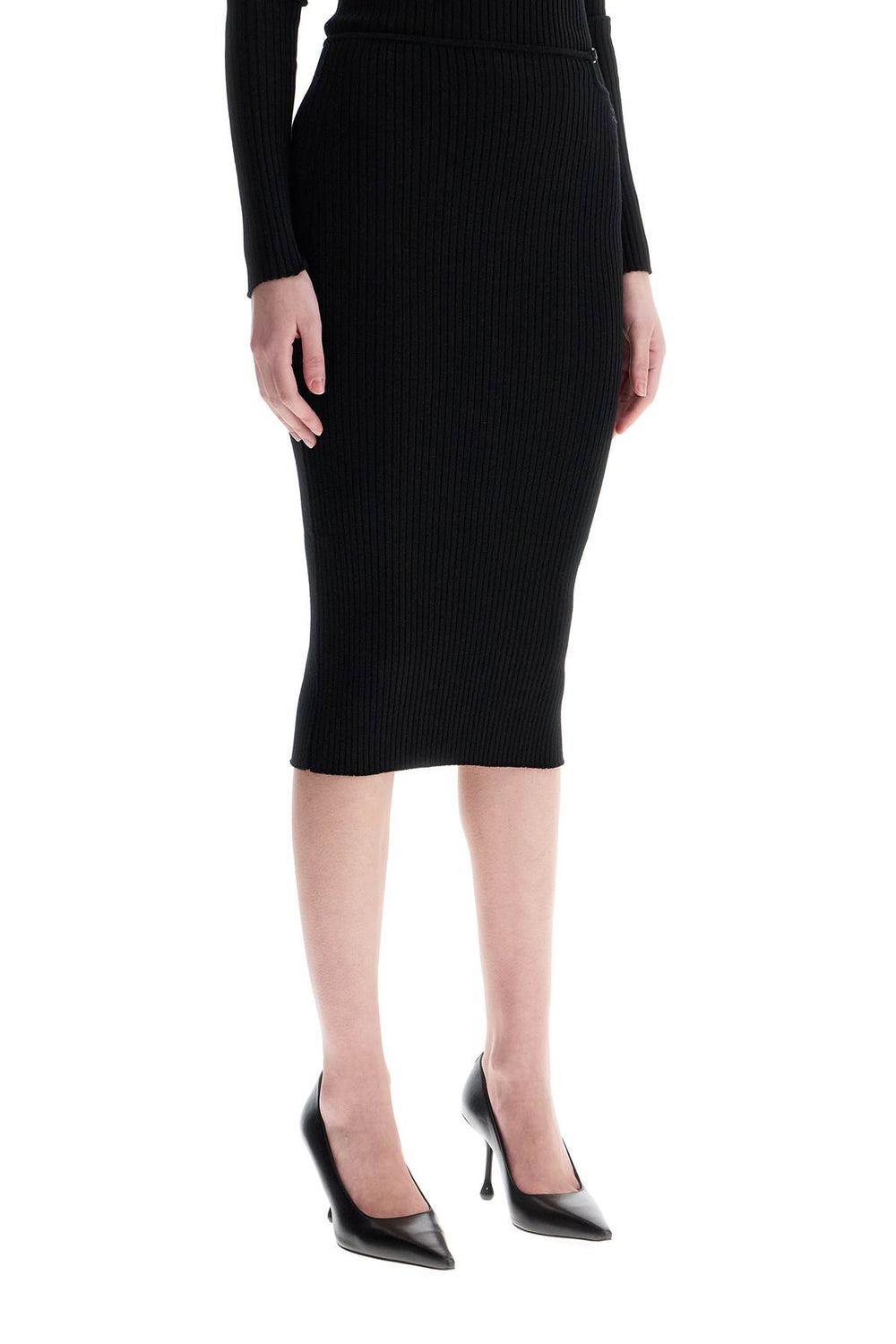 Courreges Black Midi Skirt In Viscose And Polyester With Vertical Ribs