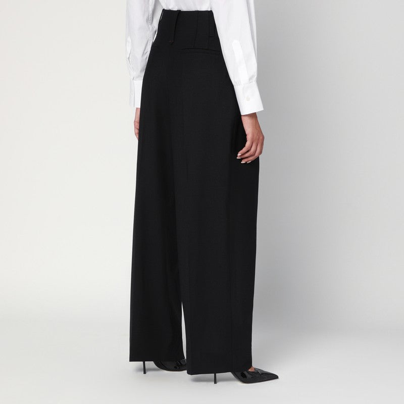 Victoria Beckham Wide Black Trousers In Wool Blend
