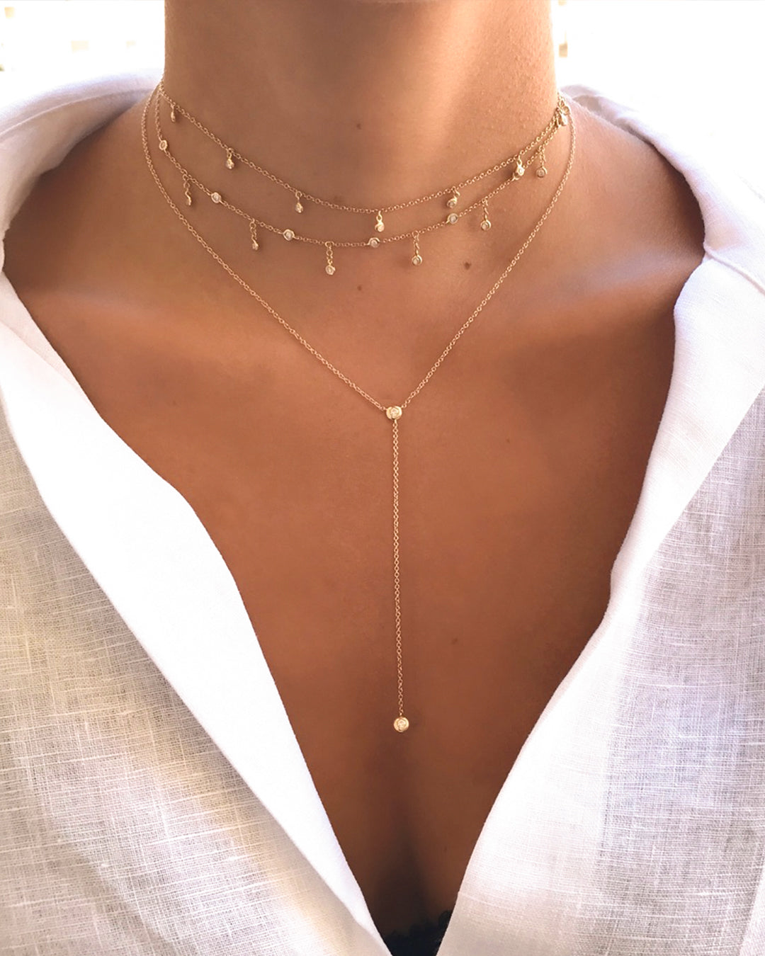 Zoe Lev 14k Gold Bezel Diamond Lariat Necklace
