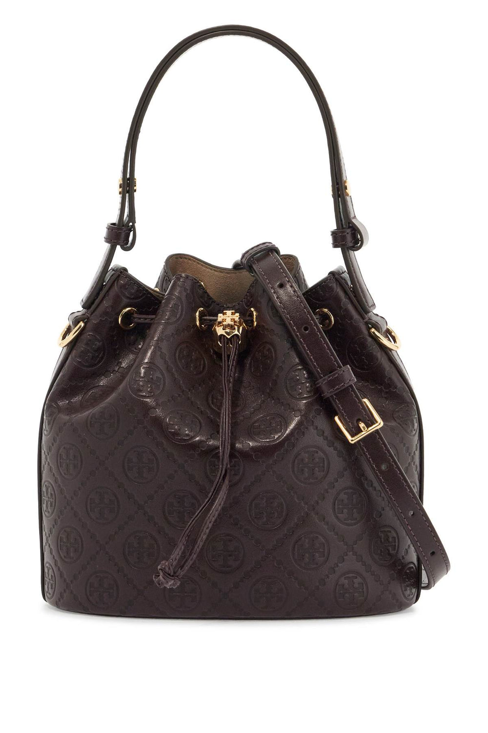 Tory Burch Monogram T Bucket Bag With Shoulder Strap