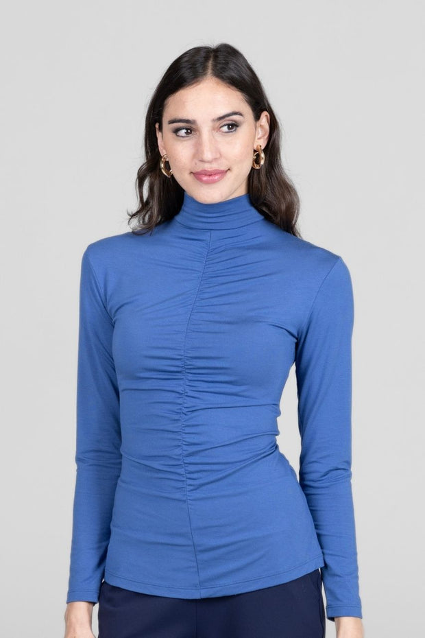 KiraGrace RUCHED MOCK NECK TOP: HIGHLAND BLUE