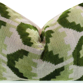 Canvello Handmade Velvet Lumbar Pillow In Green And Cream Ikat Design - High-Quality Decorative Accent With Premium Down Feather Insert