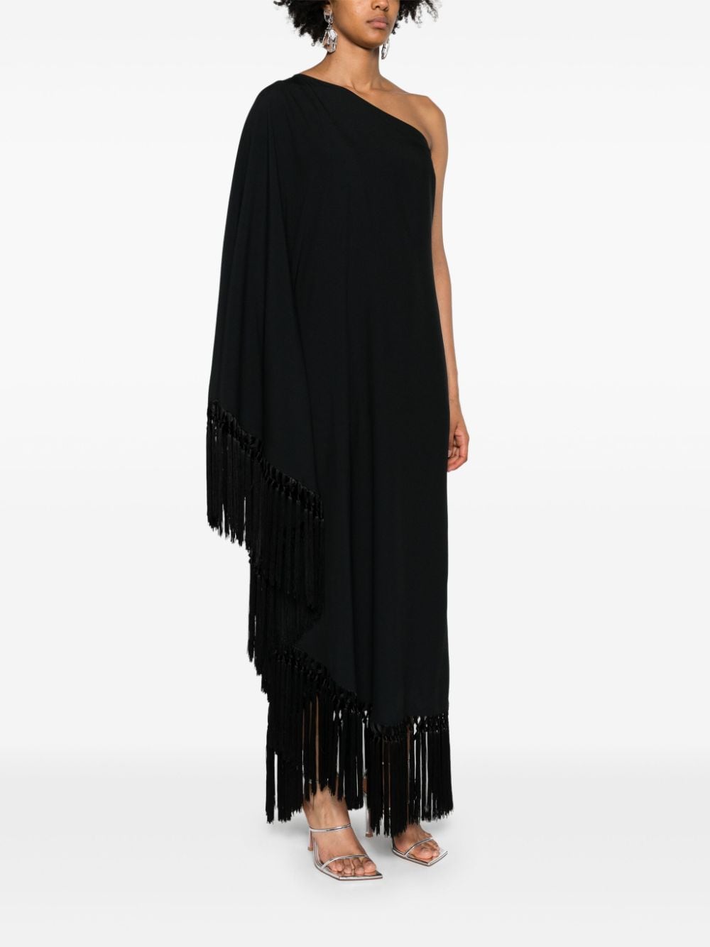 TALLER MARMO PRE Black One-shoulder Long Dress With Fringe Detail