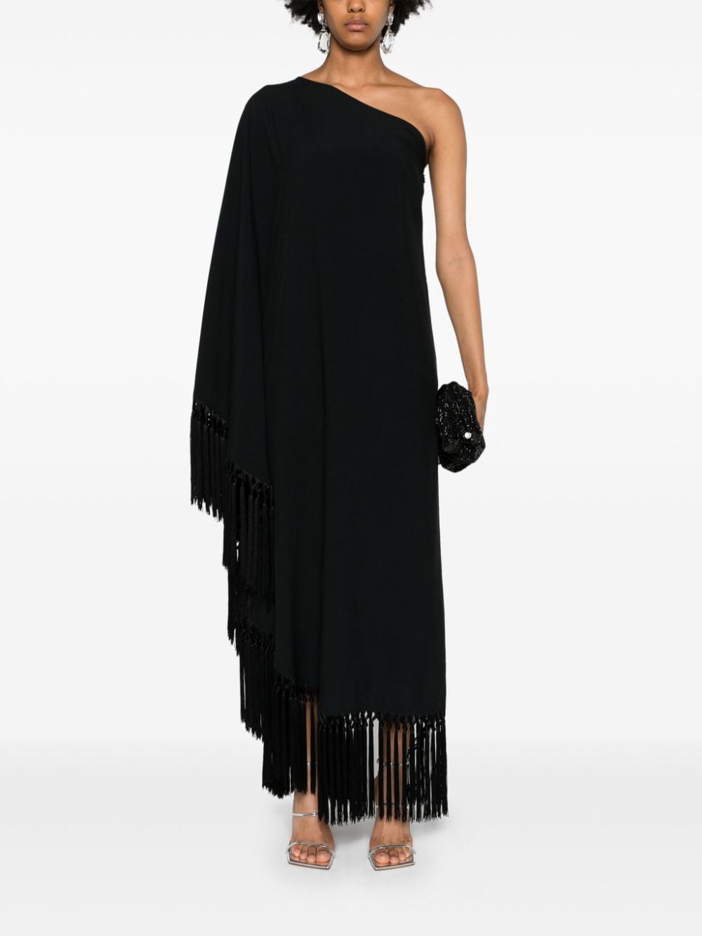 TALLER MARMO PRE Black One-shoulder Long Dress With Fringe Detail