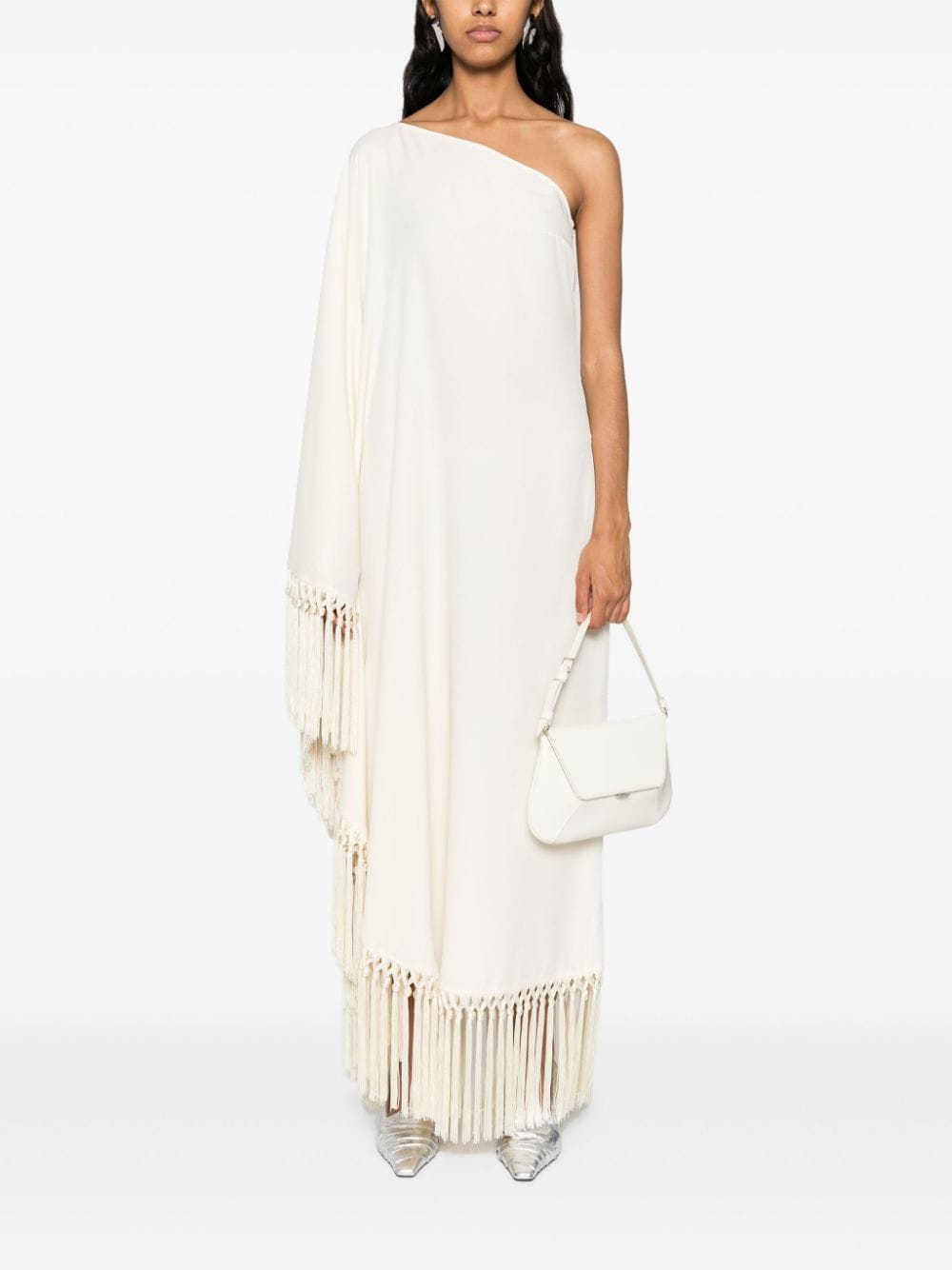 TALLER MARMO PRE  Ivory One-shoulder Long Dress With Fringe Detail