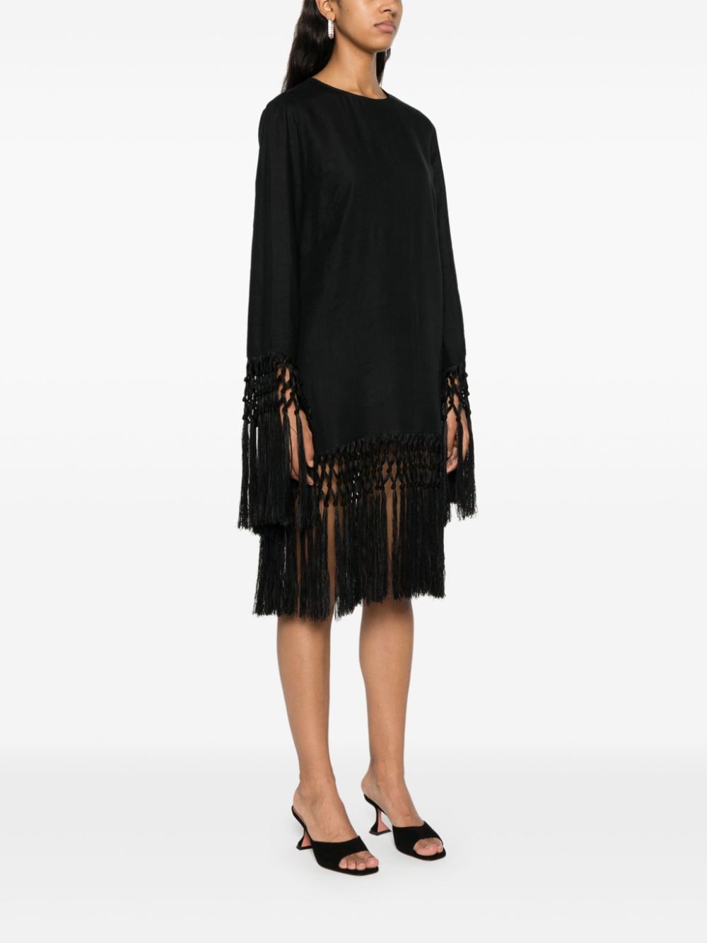 TALLER MARMO PRE Black Linen Midi Dress With Fringe Detail