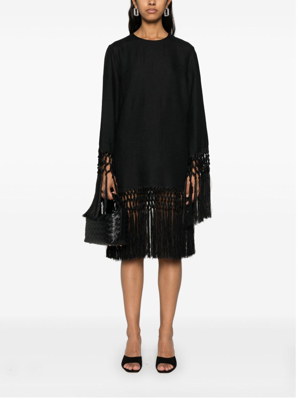 TALLER MARMO PRE Black Linen Midi Dress With Fringe Detail