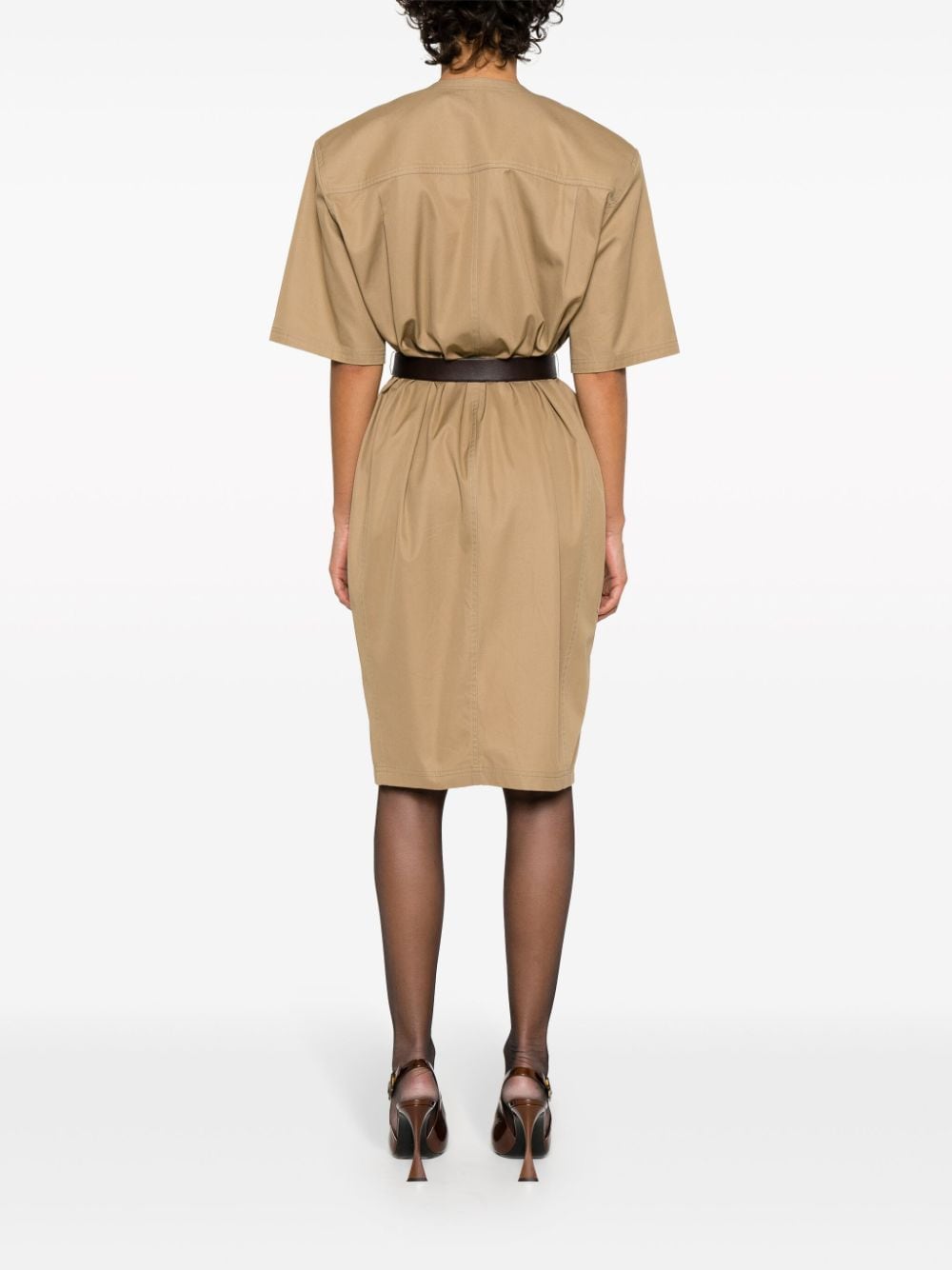 Saint Laurent Cotton V-neck Midi Dress Beige