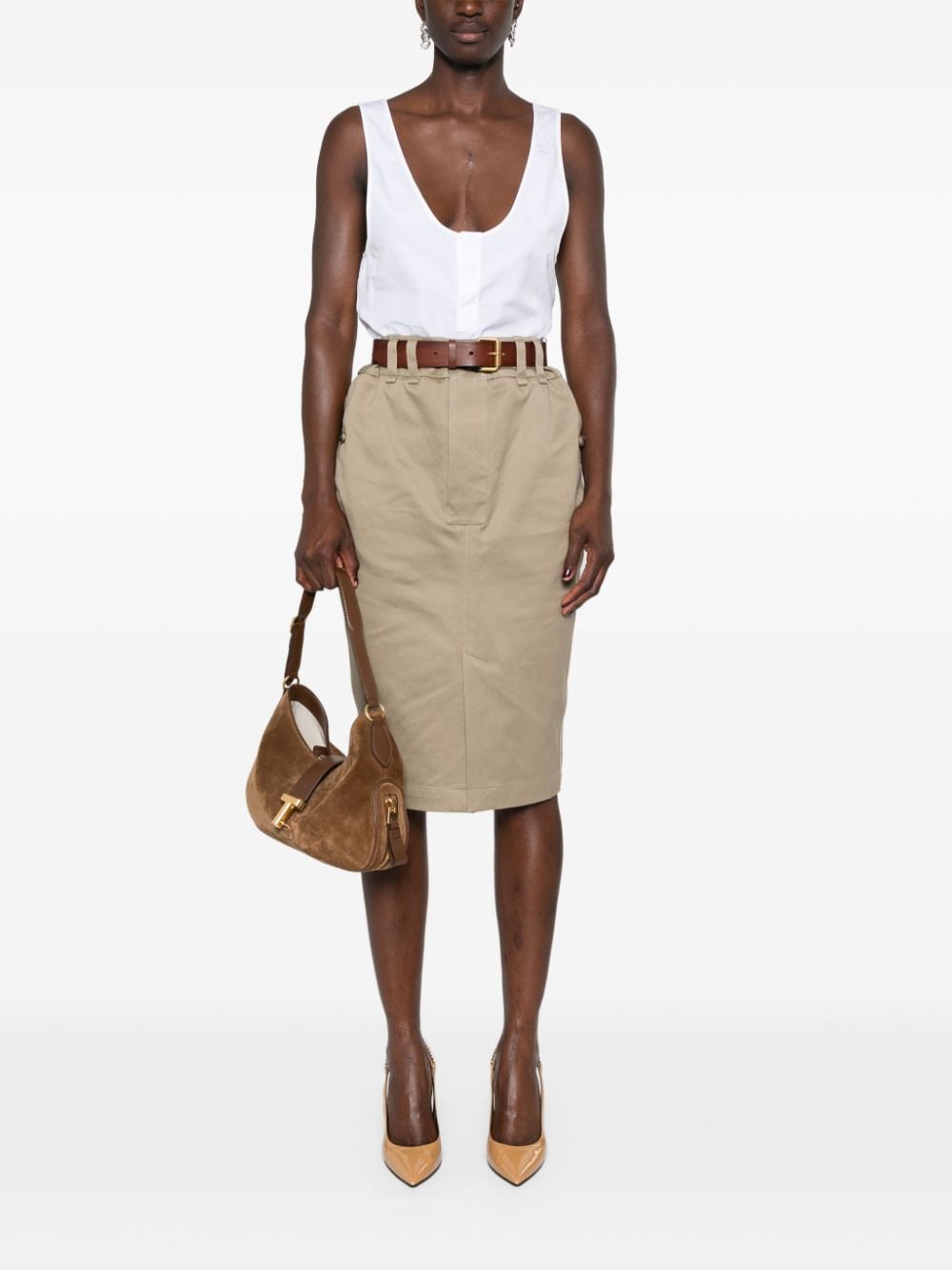 Saint Laurent Midi Pencil Skirt Beige