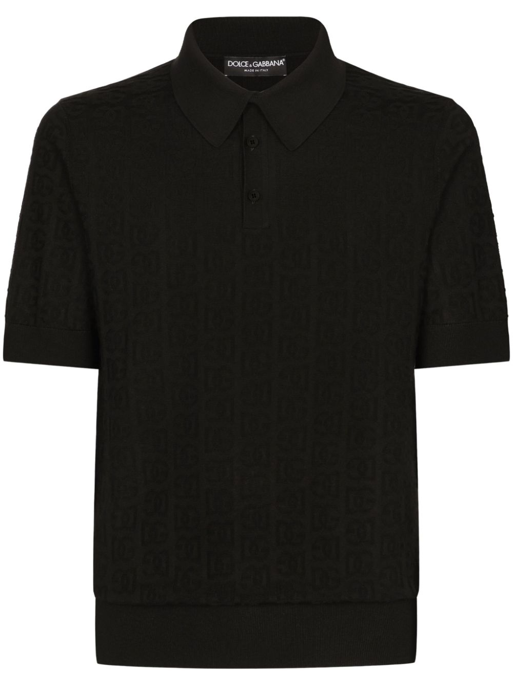 Dolce & Gabbana Jacquard Logo Silk Ribbed Knit Polo Shirt Black