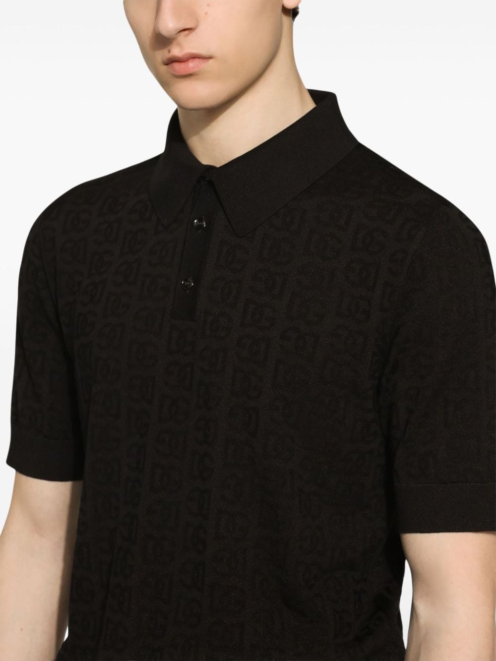 Dolce & Gabbana Jacquard Logo Silk Ribbed Knit Polo Shirt Black