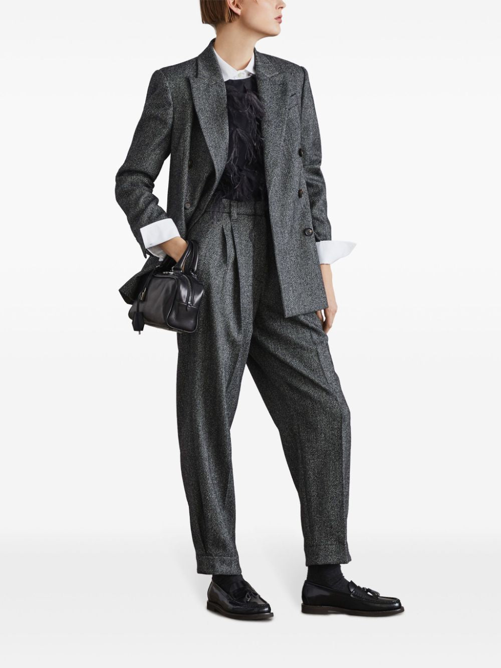 Brunello Cucinelli Wool Blend Herringbone Trousers Grey