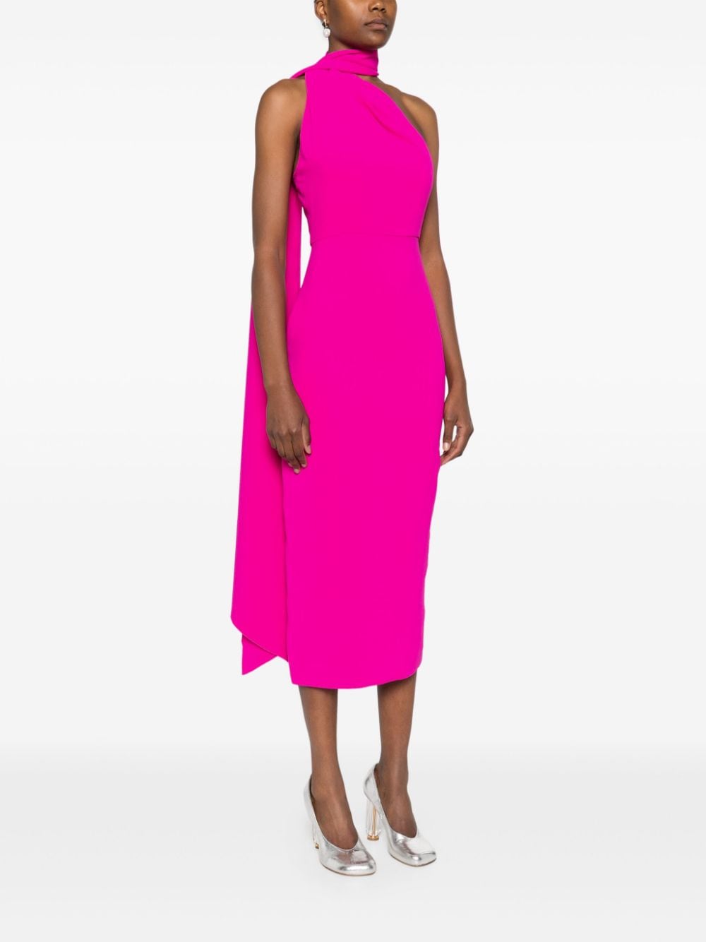 Solace London Samira One-shoulder Midi Dress Fuchsia