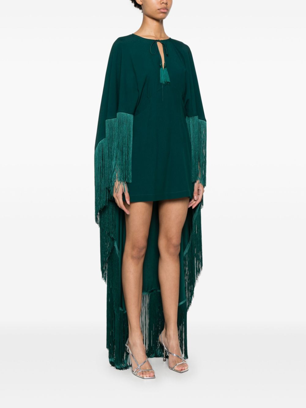 TALLER MARMO MAIN Green Mini Dress With Cape And Fringe Detail