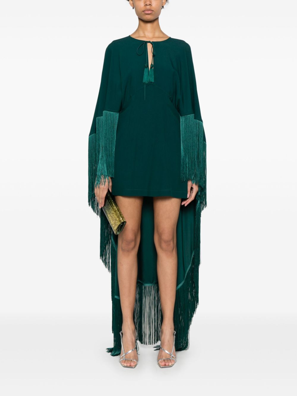 TALLER MARMO MAIN Green Mini Dress With Cape And Fringe Detail