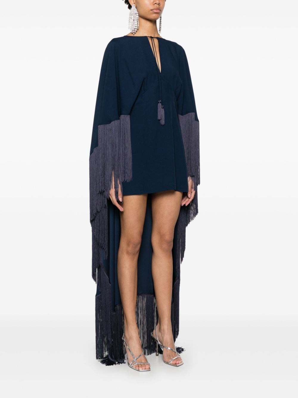 TALLER MARMO MAIN Blue Mini Dress With Cape And Fringe Detail