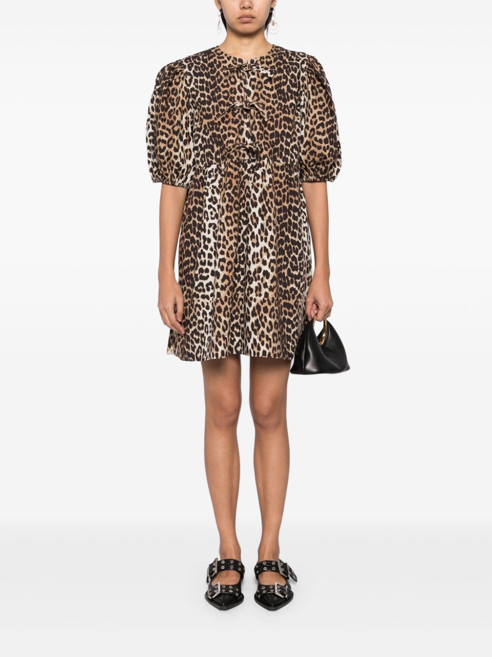 GANNI Leopard Printed Cotton Tie String Mini Dress