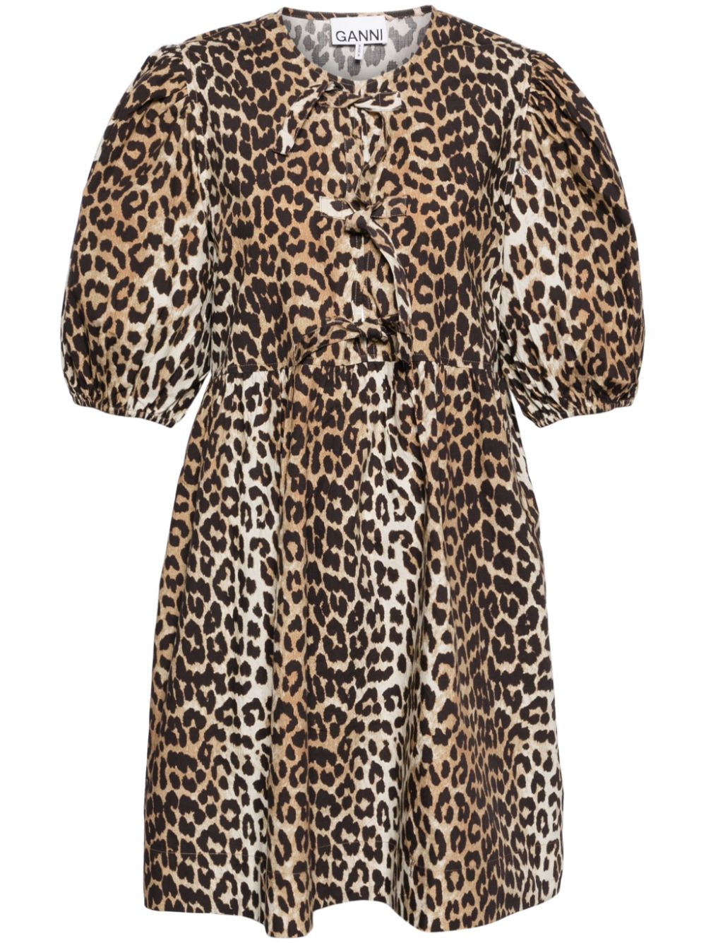 GANNI Leopard Printed Cotton Tie String Mini Dress