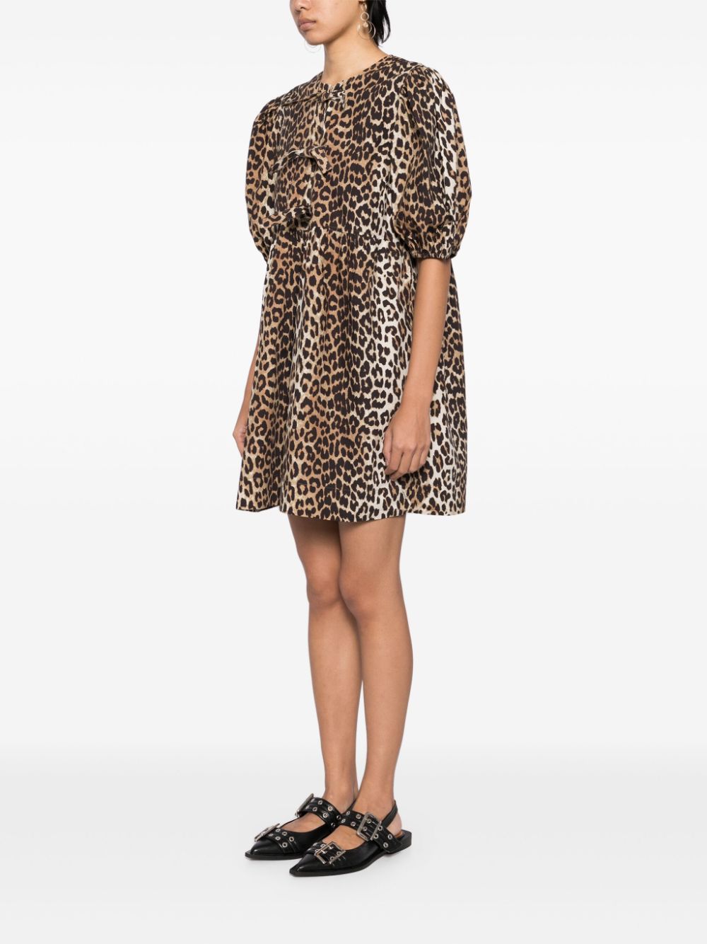 GANNI Leopard Printed Cotton Tie String Mini Dress